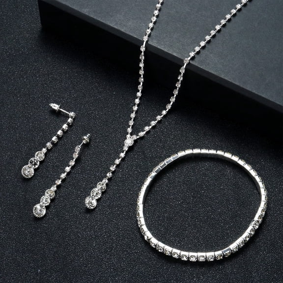 Silver Bridal Jewelry Set Rhinestone Necklace Bracelet Dangle Earrings for Bride Bridesmaid Teardrop Pendant Crystal Wedding Prom Jewelry Accessories for Women