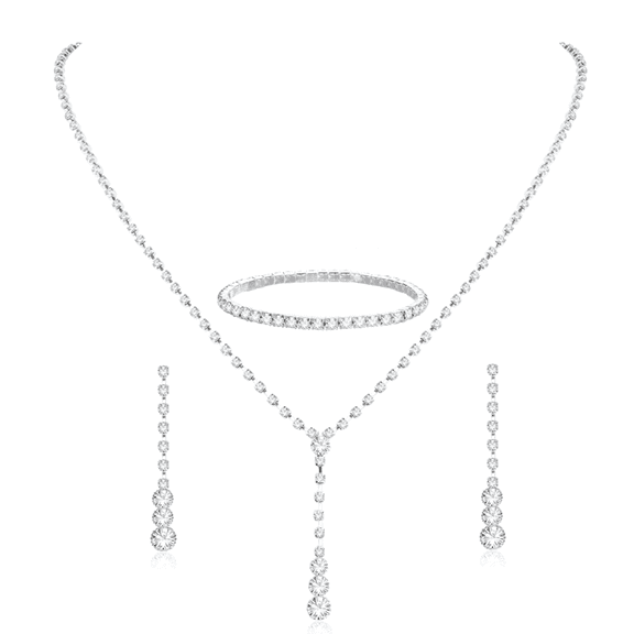Silver Bridal Jewelry Set Rhinestone Necklace Bracelet Dangle Earrings for Bride Bridesmaid Teardrop Pendant Crystal Wedding Prom Jewelry Accessories