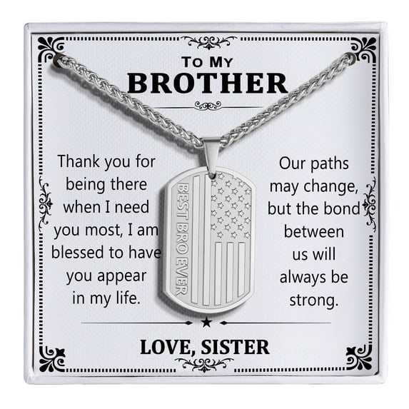 Silver To My Brother Necklace Gifts from Sister,Best Brother Ever American Flag 316L Stainless Steel Dog Tag Pendant Chain Jewelry Christmas Birthday Gift Ideal Present for Men 24 In Chain