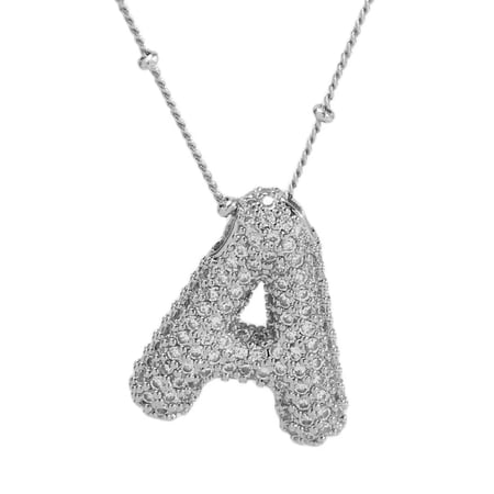 Silver Bubble Initial Crystal Pavé Pendant Jewelry Letter Necklace Gift (A)