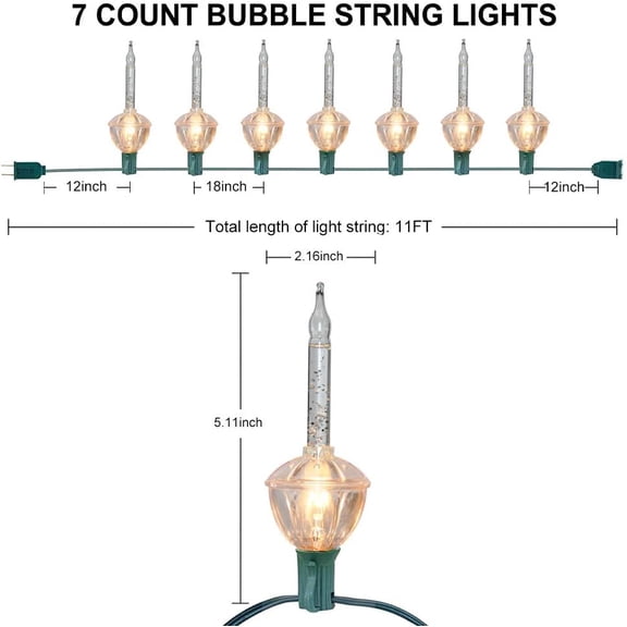 Silver Bubble Lights Set,11Ft Vintage Christmas Bubble String Lights, 8 Clear Bulbs with Silver Glitter (1 Spare) UL Listed for Christmas Tree Holiday Party Outdoor Decor, E12 Base,Green Wire