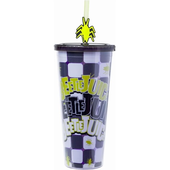Silver Buffalo Beetlejuice Cockroach Plastic Cold Cup with Lid and Straw Topper, 24 Ounces