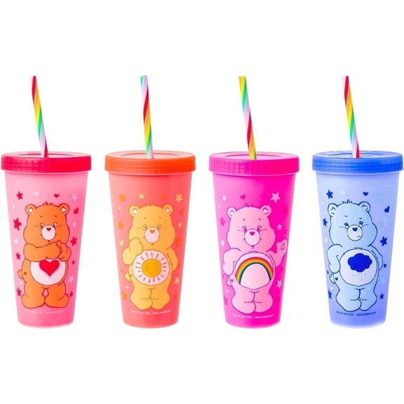 Silver Buffalo Care Bears Hearts Rainbow Swirl Straw 4 Pack Color Change Plastic Tumbler, 24 Ounces