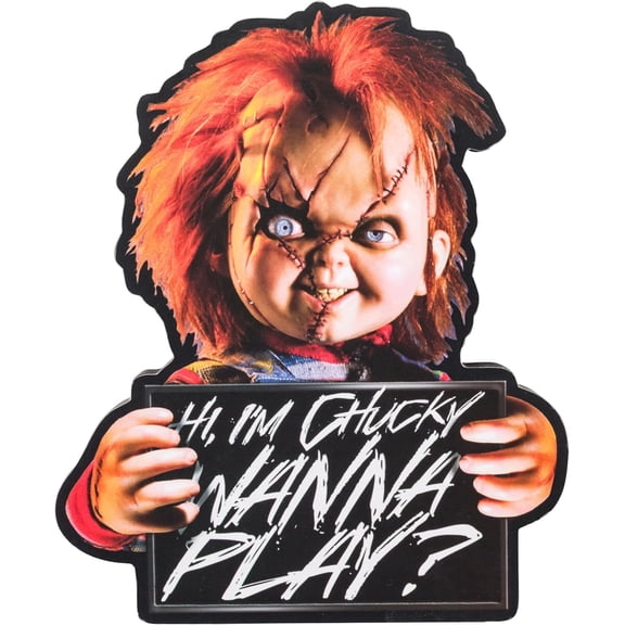 Silver Buffalo Chucky Wanna Play Mug Shot Large Die Cut MDF Box Wall Sign