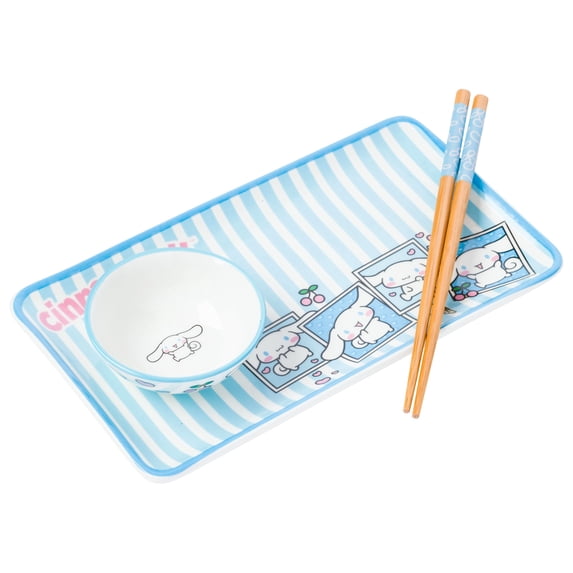 Silver Buffalo Sanrio Hello Kitty and Friends Cinnamoroll Polaroids Blue and White Stripes Ceramic Sushi Set with Dipping Sauce Dish and Matching Chopsticks