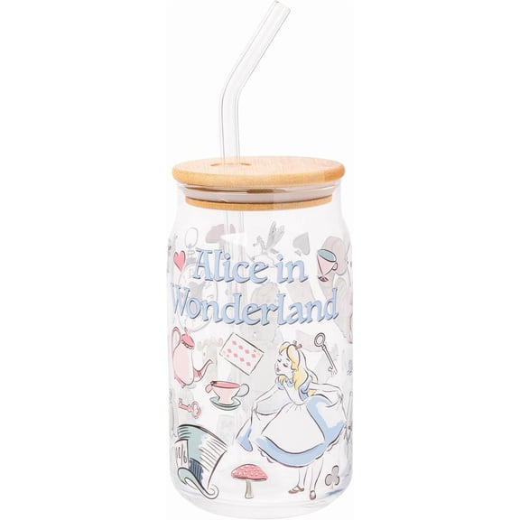 Silver Buffalo Disney Alice in Wonderland Glass Jar Tumbler with Bamboo Lid and Glass Straw, 16 Ounces