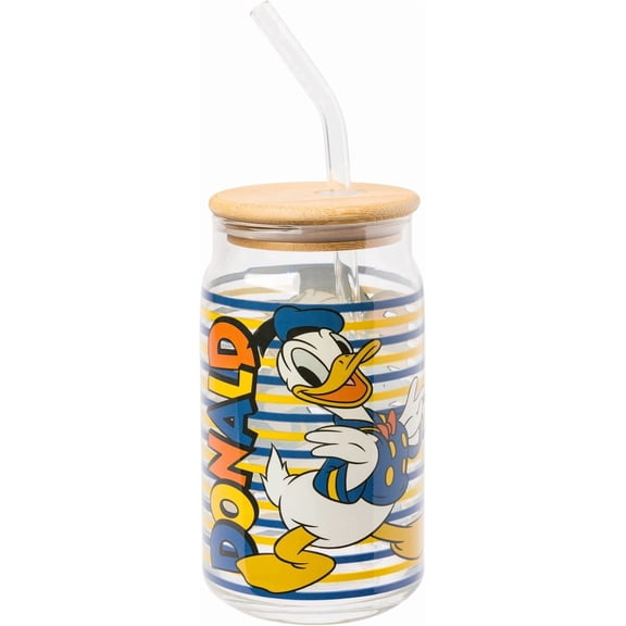 Silver Buffalo Disney Mickey and Friends Donald Duck Blue and Yellow Stripes Glass Jar Tumbler with Bamboo Lid and Glass Straw, 16 Ounces