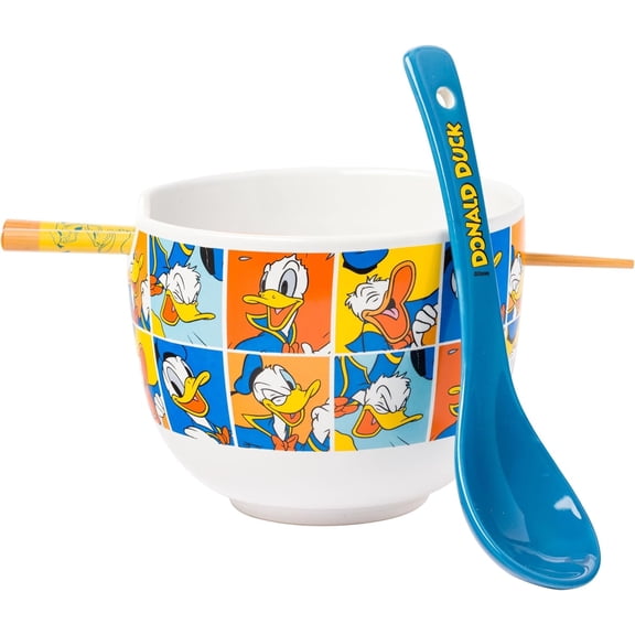 Silver Buffalo Disney Donald Duck Expressions Ceramic Ramen Noodle Rice Bowl with Chopsticks and Spoon, Microwave Safe, 20 Ounces