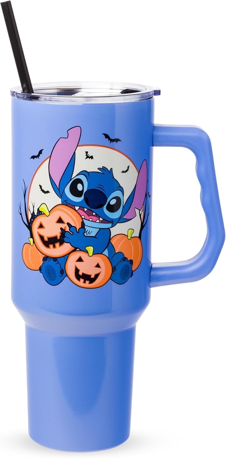 Silver Buffalo Disney Lilo Stitch Halloween Spooky Pumpkin Jack O Lantern Stainless Steel Tumbler Handle Straw Fits Standard Cup Holder 40 Ounces