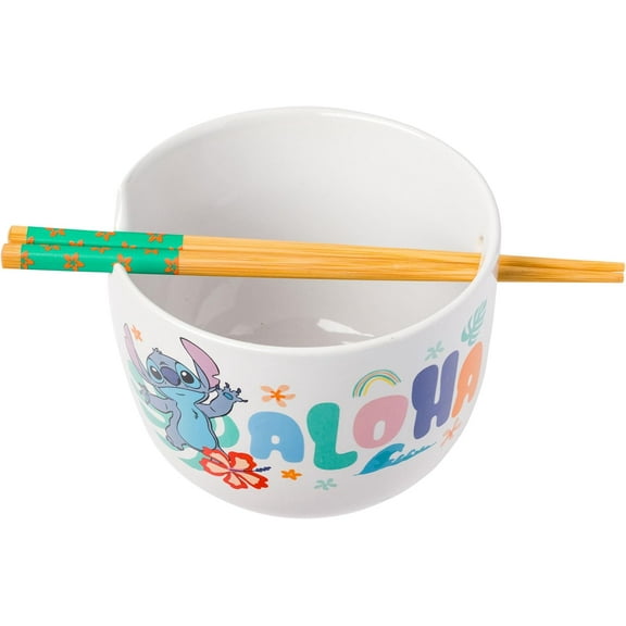 Silver Buffalo Disney Lilo and Stitch Aloha Tropical Ceramic Ramen Noodle Rice Bowl with Chopsticks, Microwave Safe, 20 Ounces