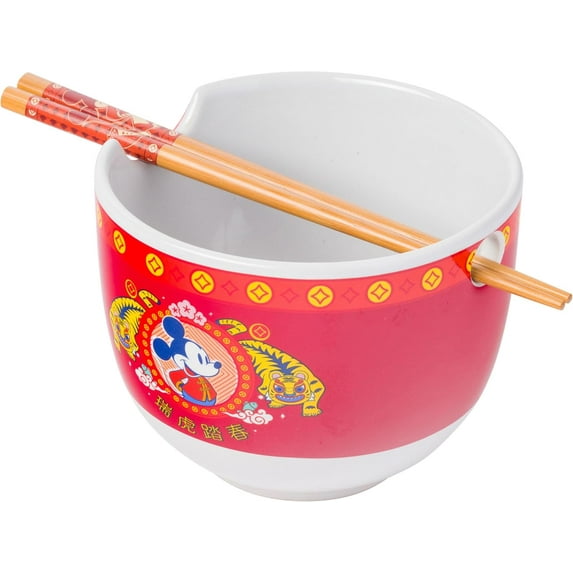 Silver Buffalo Disney Mickey Mouse Lunar Chinese New Year Tiger Ceramic Ramen Noodle Rice Bowl with Chopsticks, Microwave Safe, 20 Ounces