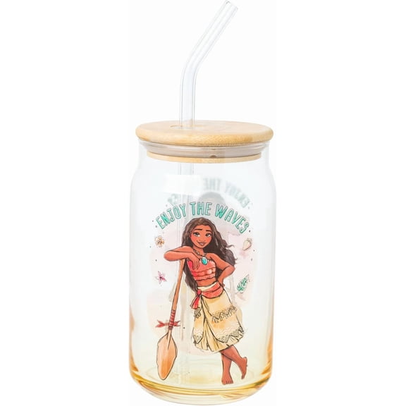 Silver Buffalo Disney Moana Enjoy The Waves Glass Tumbler with Bamboo Lid and Glass Straw, 16 Ounces