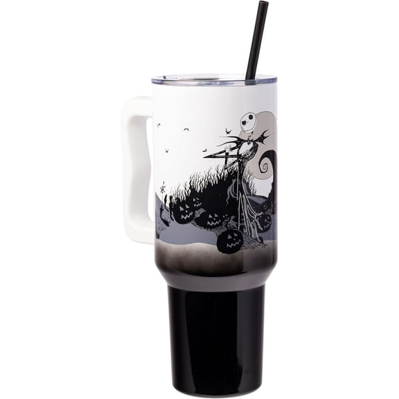 Silver Buffalo Nightmare Before Christmas Jack BW Spiral Hill Pose Stainless Steel Tumbler w Handle, 40 Ounces