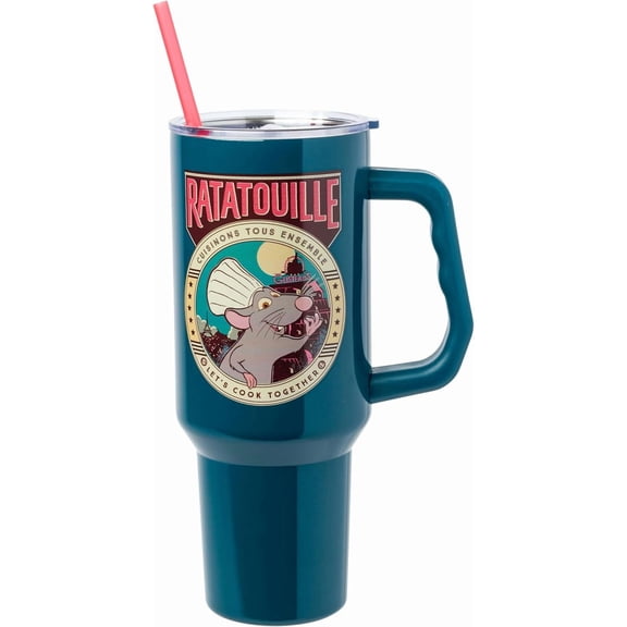 Silver Buffalo Disney Pixar Ratatouille Remy "Let's Cook Together" Double Walled Stainless Steel Tumbler with Handle and Straw, Fits in Standard Cup Holder, 40 Ounces