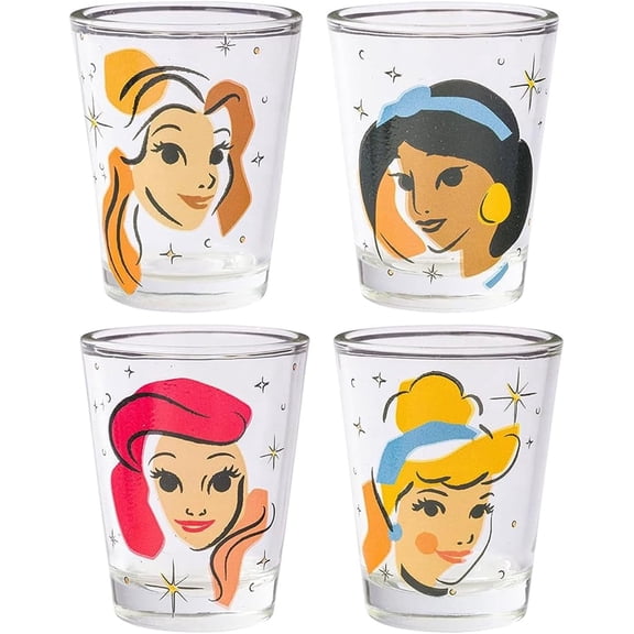 Silver Buffalo Disney Princess Abstract Sparkle Featuring Belle, Jasmine, Ariel, and Cinderella 4 Pack Mini Glass Set, 1.5 Ounces