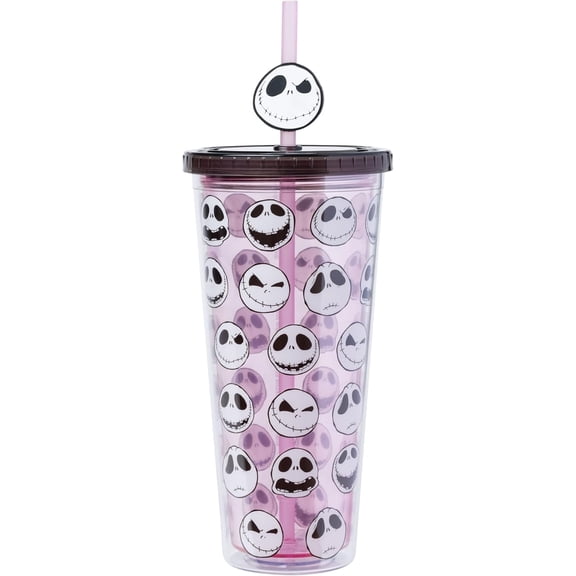 Silver Buffalo Disney Tim Burton's Nightmare before Christmas All the Emotions of Jack Skellington Plastic Cold Cup with Lid and Straw Topper, 24 Ounces