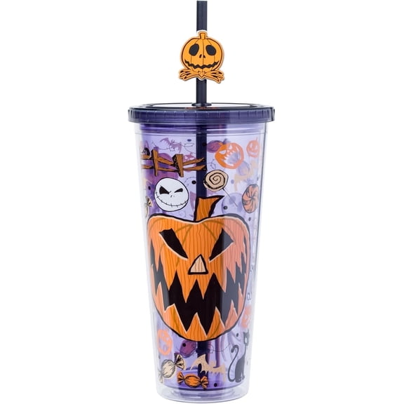 Silver Buffalo Disney Tim Burton's Nightmare Before Christmas Halloween Jack O-Lantern and Candy Featuring Jack Skellington Plastic Cold Cup with Lid and Straw Topper, 24 Ounces