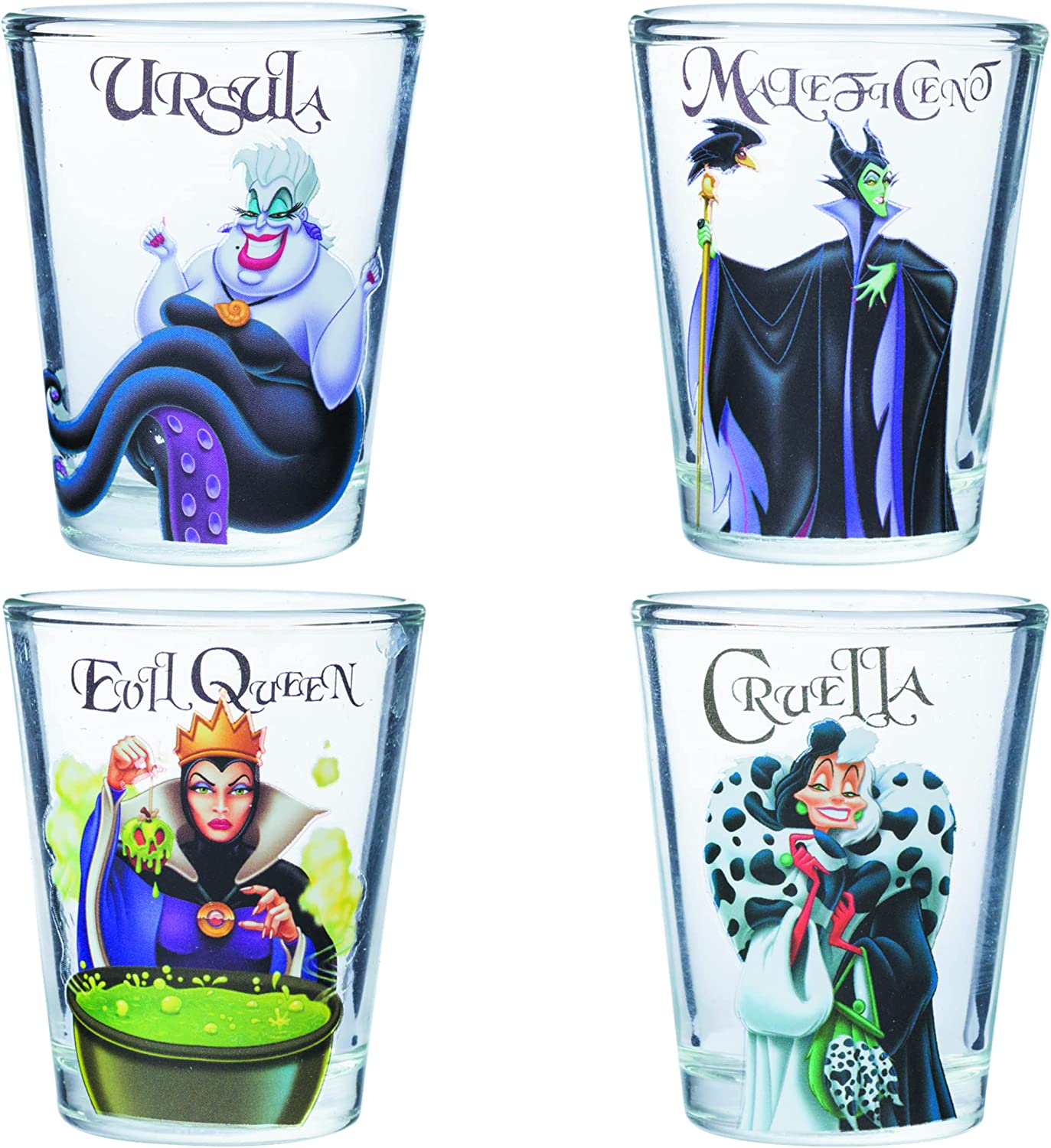 Silver Buffalo Disney Villains Queen, Cruella, Malificent, and Ursula 4  Pack Mini Glass Set, 1.5 Ounce