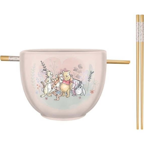 Silver Buffalo Disney Winnie the Pooh Featuring Piglet, Eeyore, Tigger, Rabbit, and Roo Group Hug Ceramic Ramen Noodle Rice Bowl with Chopsticks, Microwave Safe, 20 Ounces