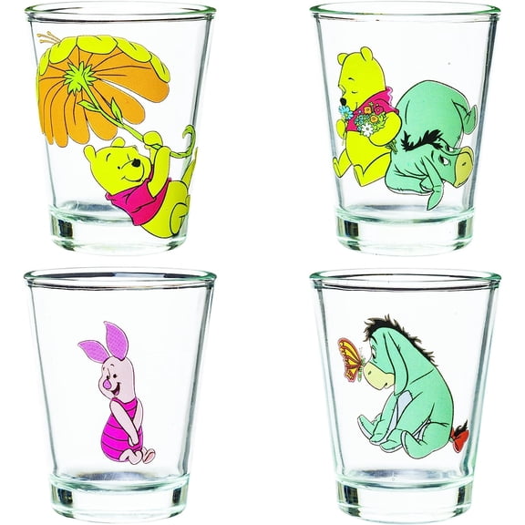 Silver Buffalo Disney Winnie the Pooh Retro Groovy Featuring Eeyore and Piglet 4 Pack Mini Glass Set, 1.5 Ounces