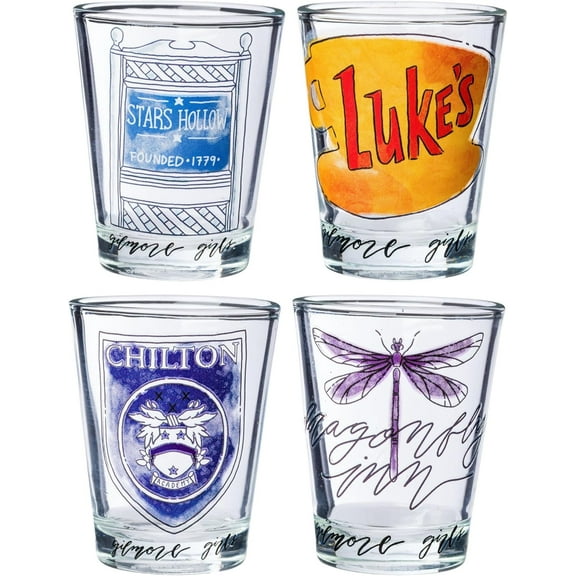 Silver Buffalo Gilmore Girls 4 Pack Mini Glass Set Featuring Iconic Locations, 1.5 Ounce