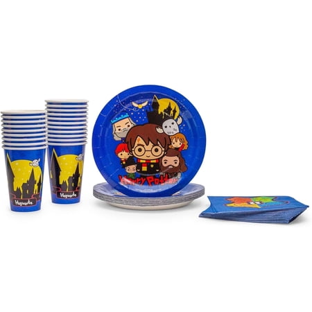 Silver Buffalo Harry Potter Animated Chibi Tableware, Paper Plates Cups Napkins Party Pack Set, 60 Piece