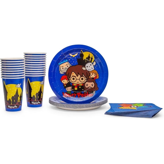 Silver Buffalo Harry Potter Animated Chibi Tableware, Paper Plates Cups Napkins Party Pack Set, 60 Piece