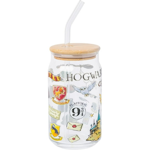 Silver Buffalo Harry Potter Hogwarts Platform 9 3/4 Gryffindor Hedwig Glass Mason Jar Tumbler with Bamboo Lid and Glass Straw, 16 Ounces
