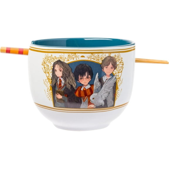 Silver Buffalo Harry Potter Trio Anime Style Ceramic Ramen Noodle Rice Bowl with Chopsticks, Microwave Safe, 20 Ounces
