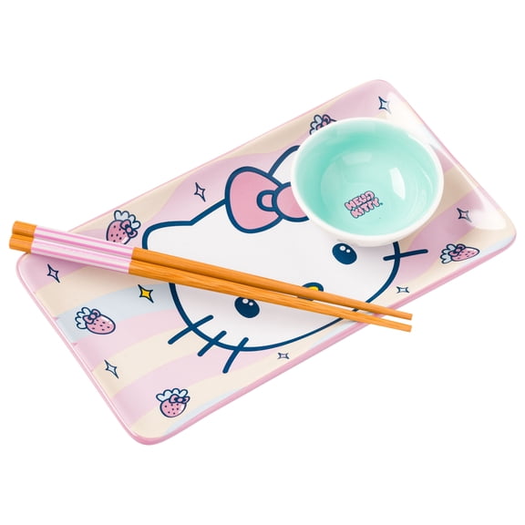 Silver Buffalo Sanrio Hello Kitty Strawberries and Bows Kawaii Ceramic Sushi Set with Dipping Sauce Dish and Matching Chopsticks
