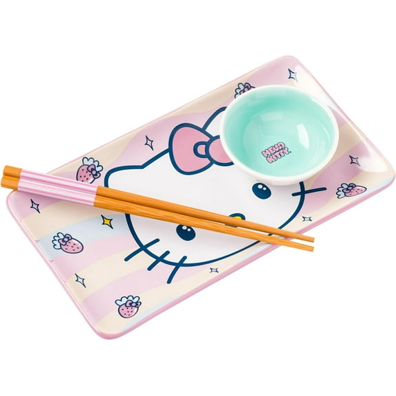 Silver Buffalo Hello Kitty Face And Strawberries Boxed 3pc Ceramic Sushi Set