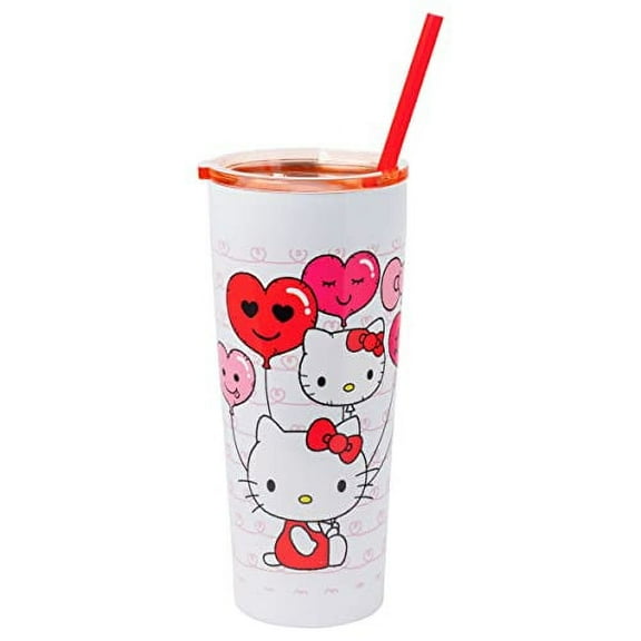 Silver Buffalo Hello Kitty Heart Balloons Double Walled Stainless Steel Tumbler with Straw, 22 Ounces