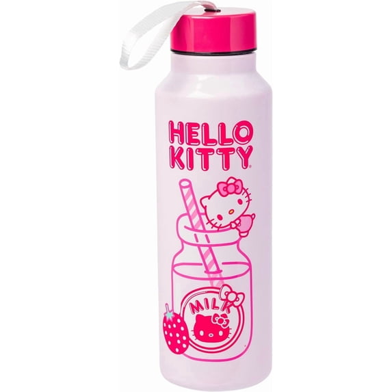 Silver Buffalo Hello Kitty Kawaii Strawberry Milk Pink Stainless Steel Water Bottle with Strap, 27 Ounces