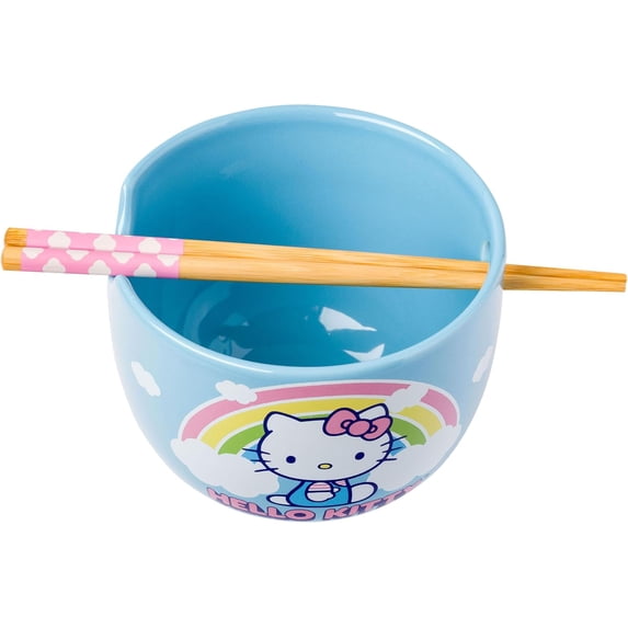 Silver Buffalo Hello Kitty Rainbow and Clouds Ceramic Ramen Noodle Rice Bowl with Chopsticks, Microwave Safe, 20 Ounces