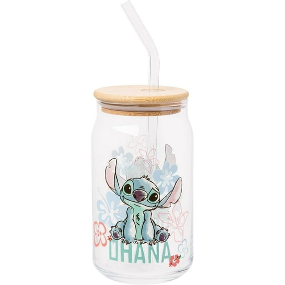 Silver Buffalo Disney Ohana Floral Glass Jar Tumbler with Bamboo Lid and Glass Straw, 16 Ounces