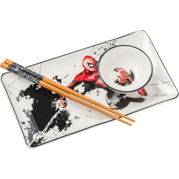 Silver Buffalo Marvel Avengers Spider-Man Ceramic Sushi Set with Dipping Sauce Dish and Matching Chopsticks