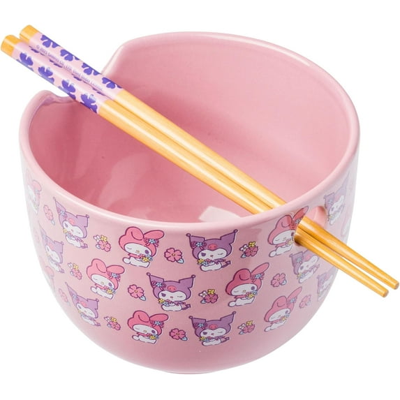 Silver Buffalo Microwave-Safe Bowl with Chopsticks, Ceramic Pink Floral, 20 oz
