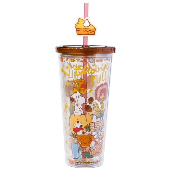 Silver Buffalo Peanuts Fall Autumn Thanksgiving Feast Featuring Snoopy and Woodstock Plastic Cold Cup with Lid and Straw Topper, 24 Ounces