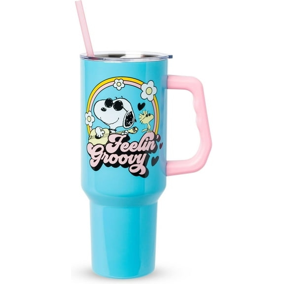 Silver Buffalo Peanuts Featuring Snoopy and Woodstock Feelin' Groovy Stainless Steel Tumbler with Handle and Straw, Fits in Standard Cup Holder, 40 Ounces