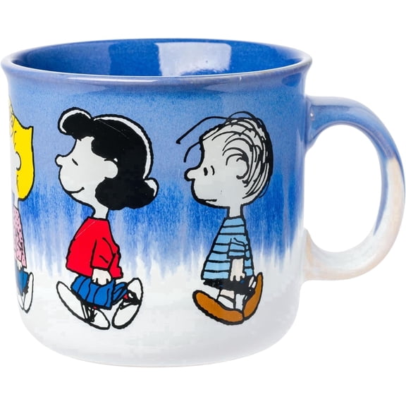 Silver Buffalo Peanuts Reactive Glaze Ceramic Camper Mug Featuring Charlie Brown, Lucy, Sally, Woodstock, and Linus, 20 Ounces