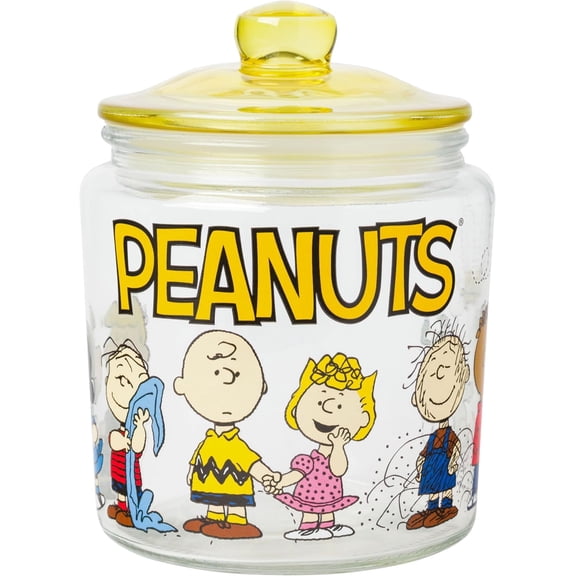 Silver Buffalo Peanuts Squad Featuring Charlie Brown, Snoopy, Schroeder, Lucy, Linus, Sally, Pigpen, Woodstock, and Franklin Glass Cookie Snack Candy Jar with Lid (Small)