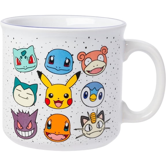 Silver Buffalo Pokemon Bulbasaur, Squirtle, Slowpoke, Snorlax, Pikachu, Piplup, Haunter, Charmander, and Meowth Camper Mug, 20 Ounces