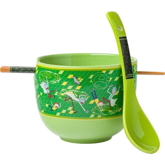 Silver Buffalo Rick and Morty Floating Portal Ceramic Ramen Noodle Rice Bowl with Chopsticks and Spoon, Microwave Safe, 20 Ounces