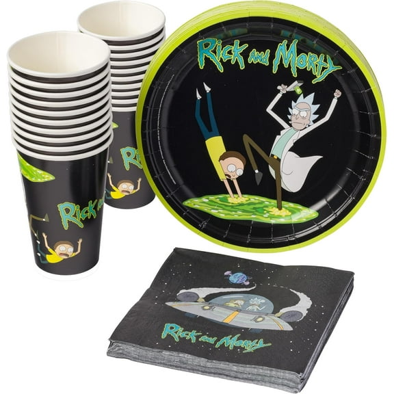 Silver Buffalo Rick and Morty in the Portal 60 Pack Partyware Disposable Paper Plates, Napkins, and Cups