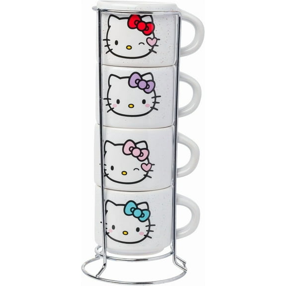 Silver Buffalo Sanrio Hello Kitty Different Colored Bows 4pc Stackable Ceramic Espresso Mug Set with Storage Rack, 3 Ounces