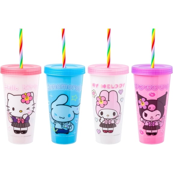 Silver Buffalo Sanrio Hello Kitty and Friends Kogyaru 4 Pack Color Change Plastic Tumblers Featuring Hello Kitty, Cinnamoroll, My Melody, and Kuromi, 24 Ounces