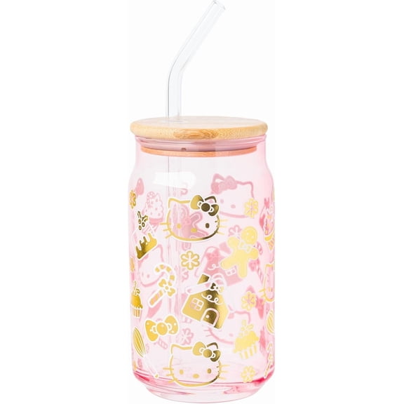 Silver Buffalo Sanrio Hello Kitty Gingerbread Cookies Christmas Holiday Pink and Gold Foil Glass Jar Tumbler with Bamboo Lid and Glass Straw, 16 Ounces