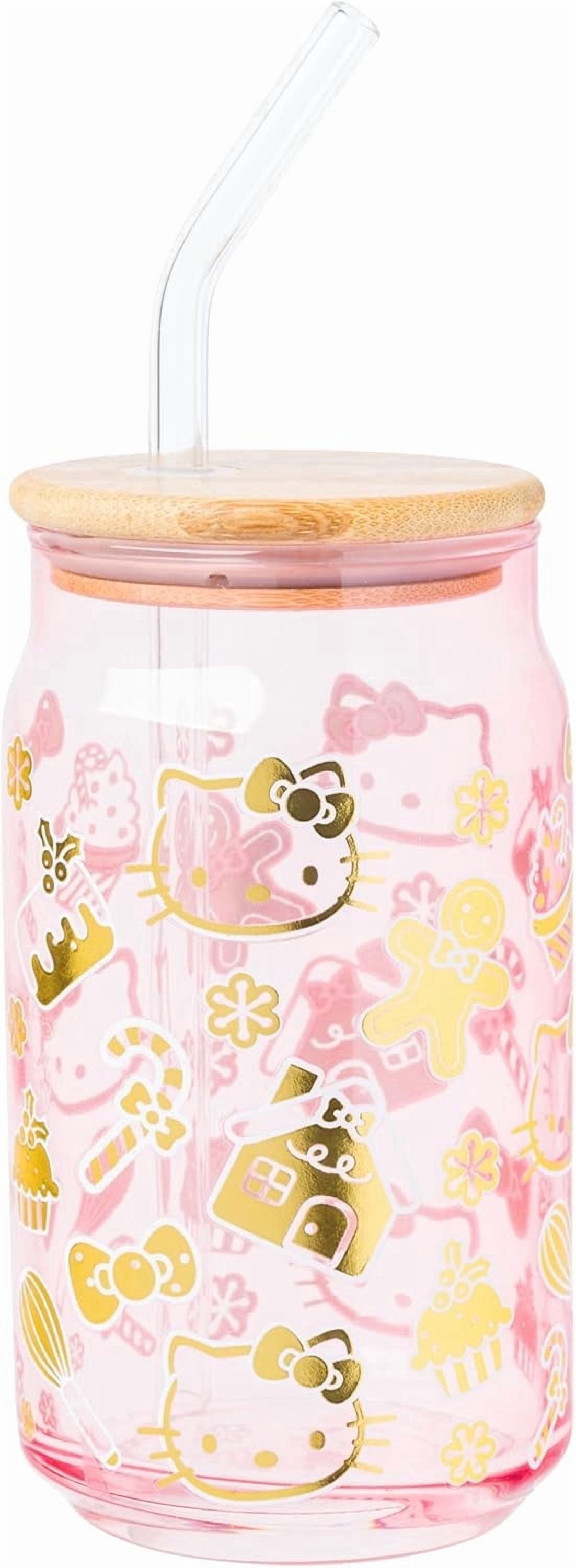 Silver Buffalo Sanrio Hello Kitty Gingerbread Cookies Christmas Holiday Pink and Gold Foil Glass Jar Tumbler with Bamboo Lid and Glass Straw, 16 Ounces