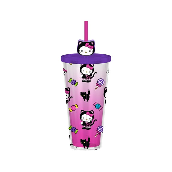 Silver Buffalo Sanrio Hello Kitty Halloween Plastic Cold Cup with Lid and Straw Topper, 24 Ounces
