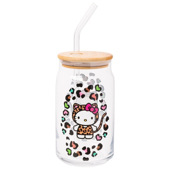 Silver Buffalo Sanrio Hello Kitty Leopard Print Glass Tumbler with Bamboo Lid and Glass Straw, 16 Ounces